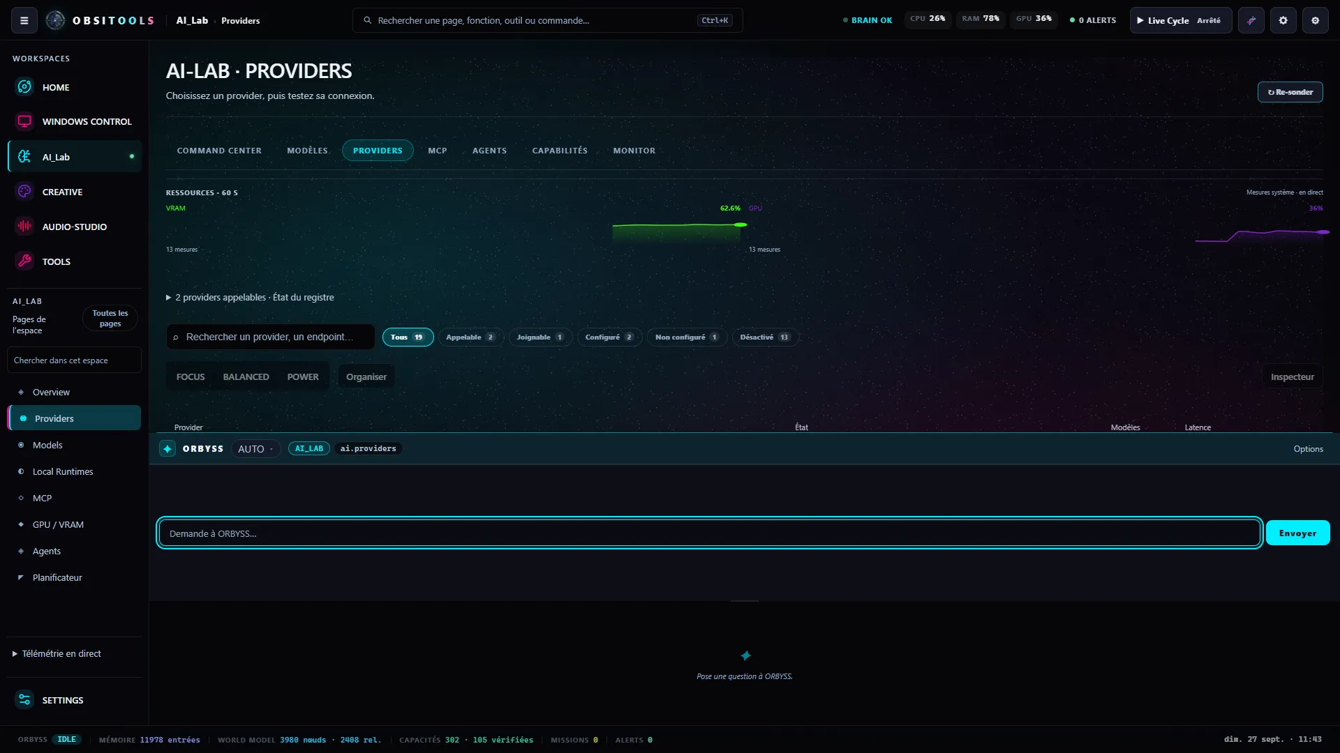 AI Lab Providers : registre de providers avec états détectés, appelables et désactivés