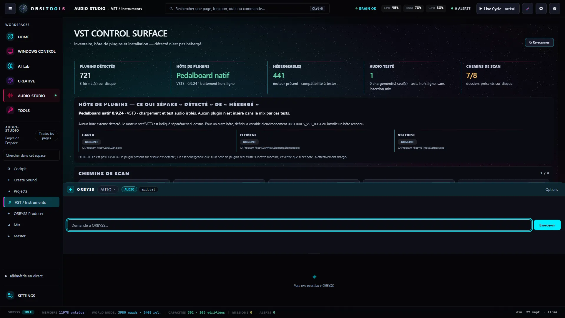 Capture de la VST Control Surface : plugins détectés, hébergeables et doctrine détecté ≠ hébergé