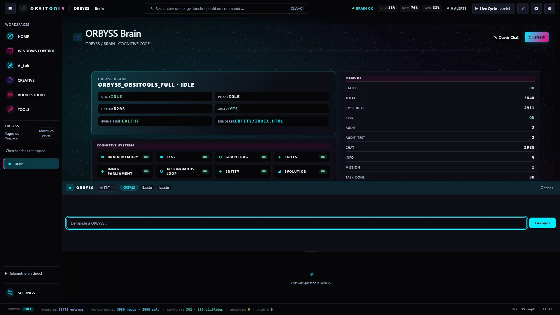 Capture d’ORBYSS Brain : systèmes cognitifs actifs et statistiques de mémoire